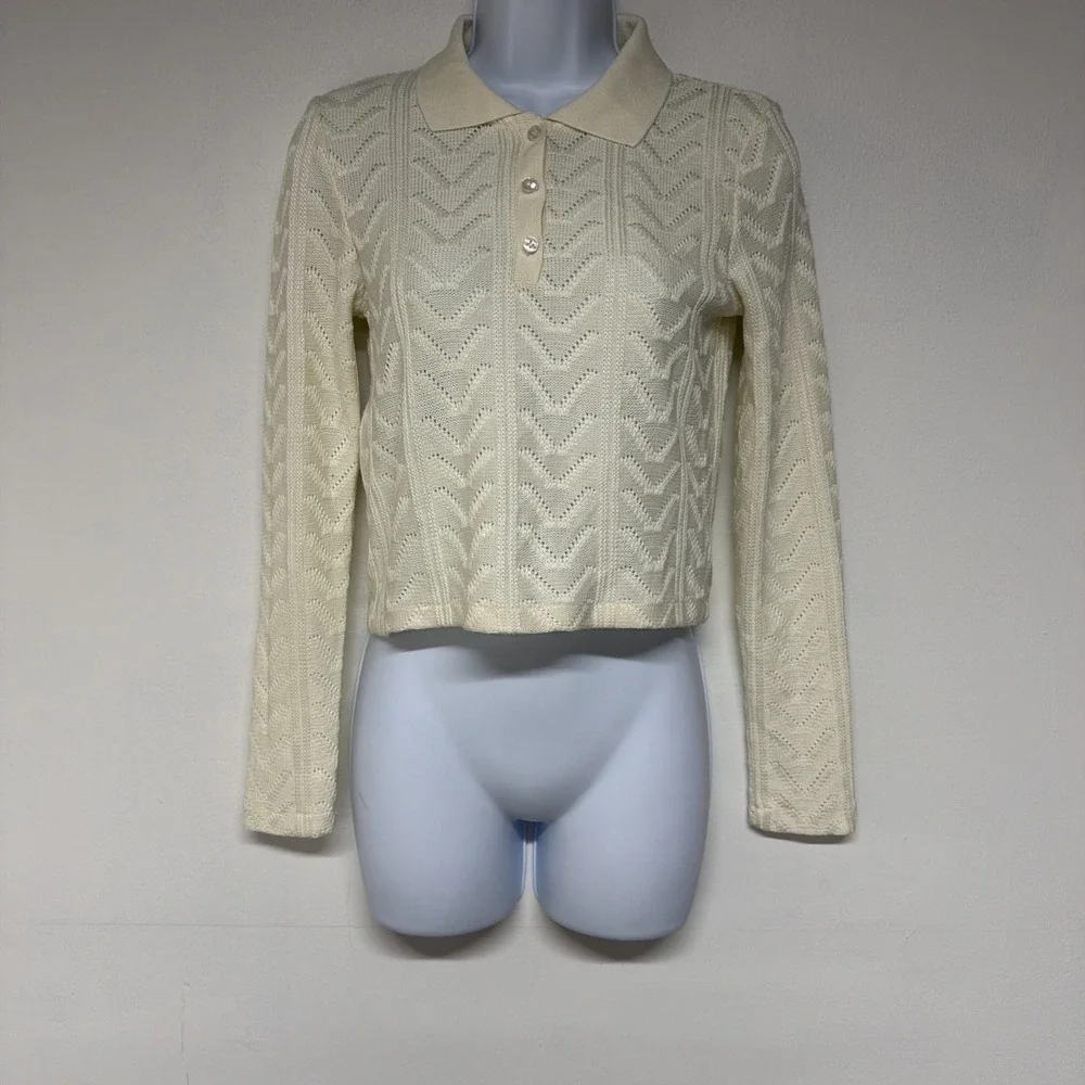 Zara Women's Medium Textured Knit Sweater Collared Cropped Long Sleeve Ivory